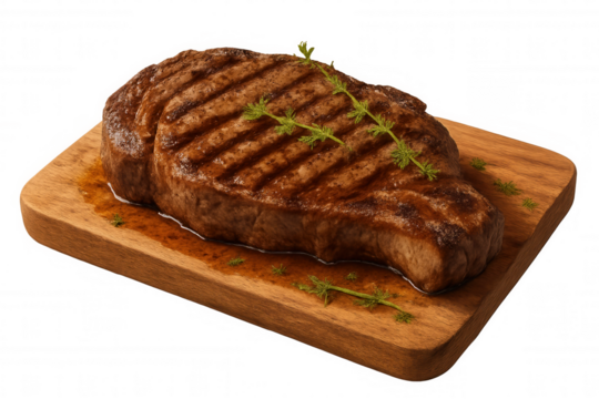 Grilled beef steak on wooden cutting board, serving delicious barbecue dinner with herbs on transparent background