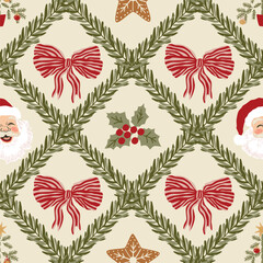 Retro Christmas bows seamless pattern. Hand drawn fir tree trellis, ribbon Santa Claus, gingerbread, Christmas tree repeat background, wallpaper, wrap paper. Vintage winter holiday textile design.