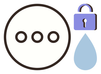 Lock symbol representing security, blue water drop depicting protection, and ellipsis denoting ongoing communication. Ideal for cybersecurity, privacy, secrecy, data protection, encryption