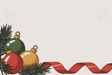 Minimal glossy Christmas baubles pine & ribbon on cream — holiday banner