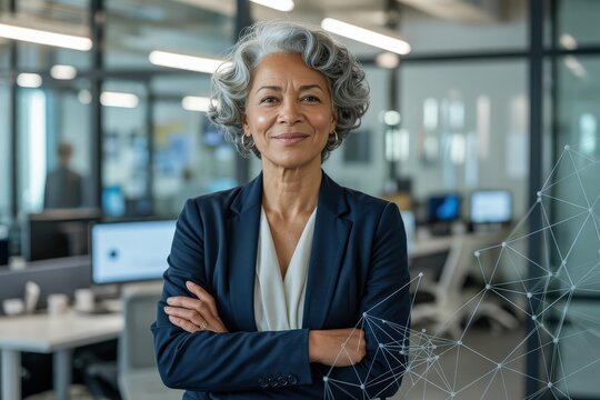 Mature African American Executive Headshot — Silver‑Gray Curly Hair, Navy Blazer, Arms Crossed in Modern Glass Office with Digital Network Overlay; Leadership, D&I, C‑suite Hero Banner - Powered by Adobe