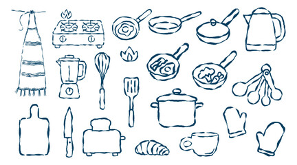 Hand drawn vector illustration set of kitchen tools and food symbols in a doodle sketch design collection