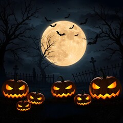Fototapeta premium Spooky Halloween Night Scene with Pumpkins, Bats, and Full Moon in Dark Fantasy Digital Art Illustration