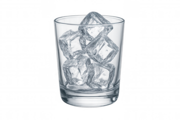 Glass tumbler filled with multiple clear ice cubes, creating a chilling sensation for a refreshing drink, isolated element