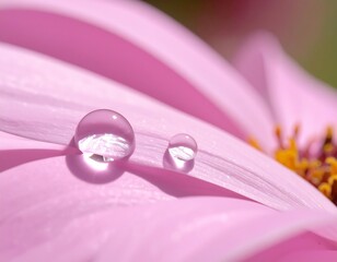 Delicate pink flower petal with water droplets. Close-up macro view of two translucent water droplets resting on a soft pink flower petal, reflecting the surrounding light and details