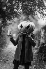 A woman in an orange coat and plaid dress with a carved pumpkin mask poses in an autumn forest on Halloween.