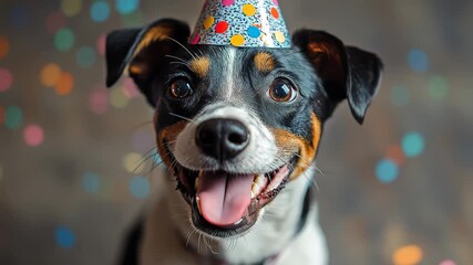Happy dog celebrating a birthday with a party hat and colorful confetti on the floor during a joyful indoor gathering - Powered by Adobe