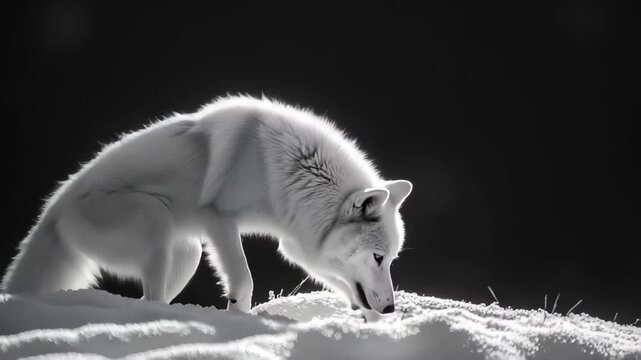 Arctic wolf howling under a glowing winter moon at twilight in a snowy landscape