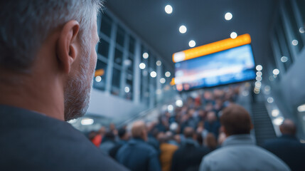 A colossal vertical transit hub glows at twilight, where levitating trains glide through transparent tunnels. AI systems direct luminous 3D traffic streams as crowds in futuristic attire await on radi