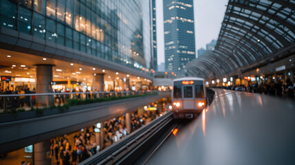 Fototapeta premium A colossal vertical transit hub glows at twilight, where levitating trains glide through transparent tunnels. AI systems direct luminous 3D traffic streams as crowds in futuristic attire await on radi
