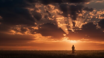 A kneeling soul bathed in heavenly light as the clouds part at sunset, symbolizing divine grace and answered prayer.