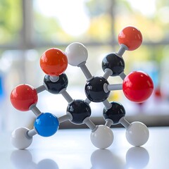 Molecular model of an organic compound.  Colorful spheres connected by gray rods, representing atoms and bonds.  Blurred lab background