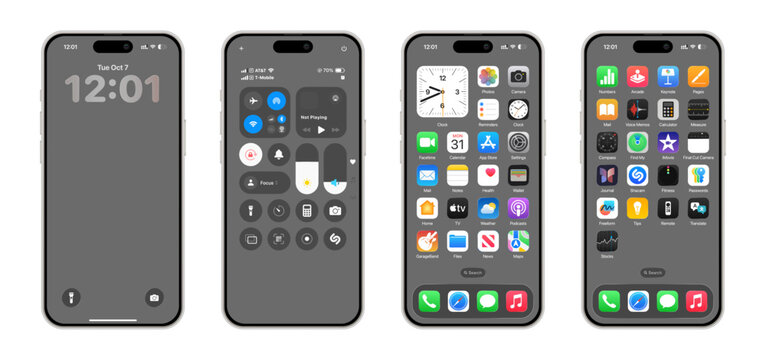 Apple iPhone 17 Pro main screens: Lock Screen, Control Center, and home pages with apps. Vector SVG set for UI mockups, device presentation, and design previews.