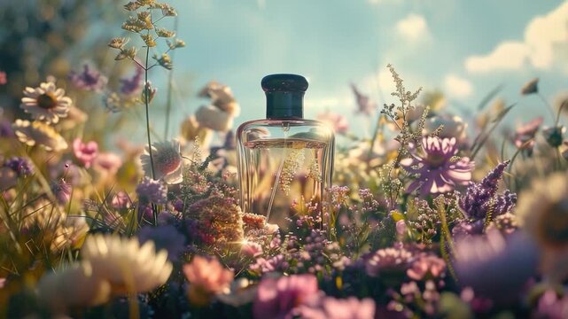 video A bottle of perfume sits amidst a colorful field of flowers, perfect for promotional use