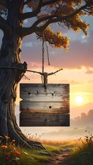 Rustic wooden sign hanging from a tree at sunrise over a misty landscape