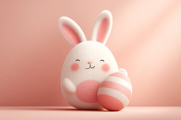 Obraz premium Cute fluffy Easter bunny holding a pink and white striped egg against a pale pink background