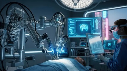 Robotic surgery being performed on a patient with a surgeon monitoring the procedure closely - Powered by Adobe