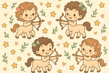 Cute cartoon centaur children holding bows and arrows in a whimsical floral pattern