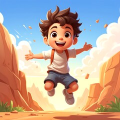 A joyful child leaping in a desert landscape.  Bright colors, cartoon style