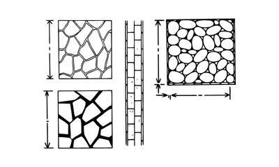 Set of Stone and Brick Wall CAD Drawings in Technical Blueprint Style