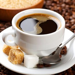 Dark espresso in white cup, sugar cubes, coffee beans