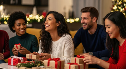 Diverse group of friends laughing and exchanging gifts during a festive Christmas celebration in a warmly lit living room.