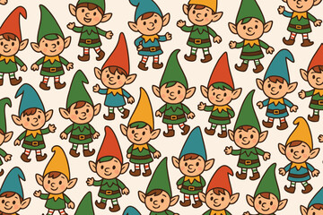 Naklejka premium Whimsical vintage style illustration of many cute cartoon gnomes in colorful pointed hats and green outfits
