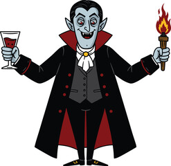Cartoon vampire character, spooky costume, Halloween theme, torch and blood glass, mischievous grin, horror humor, fantasy illustration, gothic style