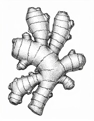 Detailed Black and White Illustration of a Fresh Ginger Root Rhizome on White Background