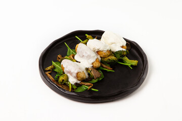 White sauce chicken patties with poached eggs