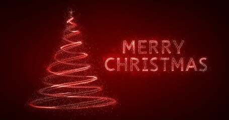 sparkling lights xmas tree Merry Christmas and Happy New Year greeting message in english on red background,snow flakes.Elegant animated holiday season social post digital card - Powered by Adobe