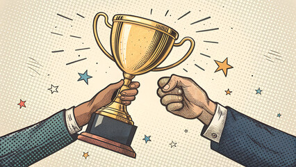 Two Hands holding gold trophy cup. Award for win. Comic illustration in halftone collage art style with dotted effect. Vector