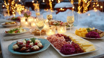 Fototapeta premium Elegant Winter Outdoor Feast with Festive Twinkling Lights and Gourmet Appetizers in Snowy Setting