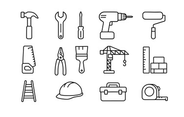 Fototapeta premium Construction and diy tools set: linear icon collection for home improvement projects.