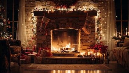 fireplace with christmas decorations. seamless looping time-lapse virtual video animation background.
- Powered by Adobe