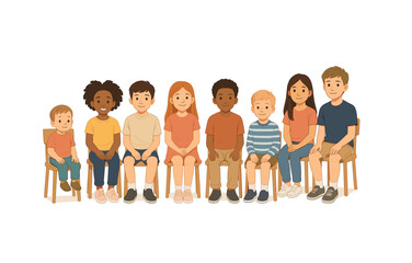 Obraz premium Diverse group of children sitting on chairs smiling in diverse cartoon style
