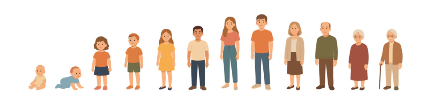 Human life cycle depiction: diverse generations in flat cartoon style