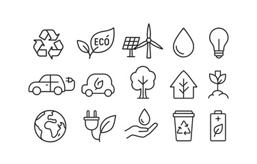 Fototapeta premium Eco-friendly icons representing sustainability, renewable energy, and conservation in linear style