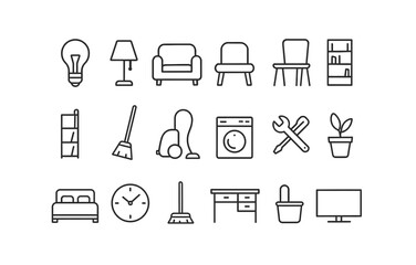 Minimalist home icon set featuring furniture, appliances, and tools in linear style