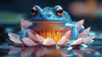 Bright blue frog resting on a pink water lily in a serene pond during the twilight hours