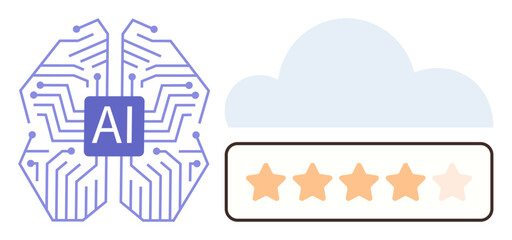 AI neural network node graphic connected to cloud computing and star rating. Ideal for artificial intelligence, online feedback, cloud integration, digital innovation, performance review, tech