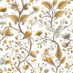 A floral patterned wallpaper with birds on it. The birds are perched on the leaves of the tree