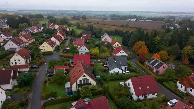 Aerial Freiberg Germany house neighborhood. City center rural travel in eastern Germany. Historical buildings and landmarks. Urban historic center of East Germany. Total destruction in WW II.