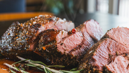 Freshly sliced, succulent roasted leg of lamb, releasing tempting steam. Served on a wooden board with aromatic rosemary and herbs, this juicy and perfectly cooked meat is the ultimate hearty meal.