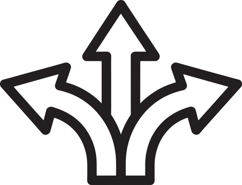 Three arrows diverging from a central point on white background direction choice