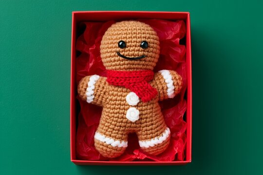 Top view of cute crochet gingerbread man in red box with crumpled paper on dark green background