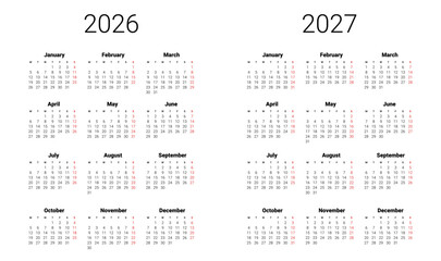 Set of 2026, 2027 calendar start from Monday. English UK Vector template. Full months for wall calendar. isolated background