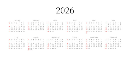 English 2026 calendar start from Sunday. Vector illustration design template for USA, Canada. Year at a glance calendar 2026. Full 12 months for wall calendar, isolated wall background