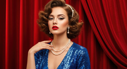 Glamorous woman with vintage makeup and jewelry posing dramatically in front of a red velvet curtain