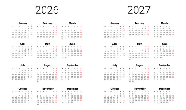 Set of 2026, 2027 calendar start from Monday. English UK Vector template. Full months for wall calendar. isolated background